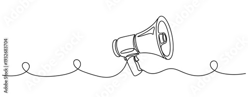 Continuous line drawing of a megaphone on a white background. No editable stroke