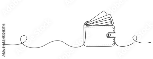 Minimalist continuous line drawing of an open wallet with cards. No editable stroke