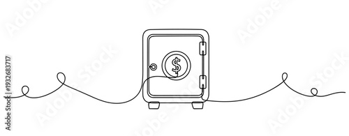 Continuous line art of a secure safe with dollar sign symbolizing financial security. No editable stroke