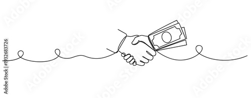 Minimalistic line art of a handshake with currency symbolizing business agreement. No editable stroke