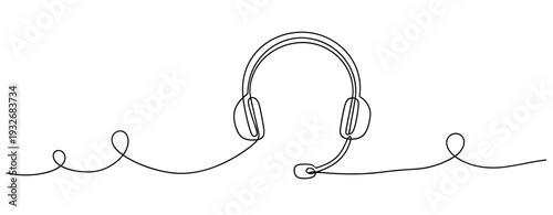 One-line headset design with microphone in minimalist style. No editable stroke