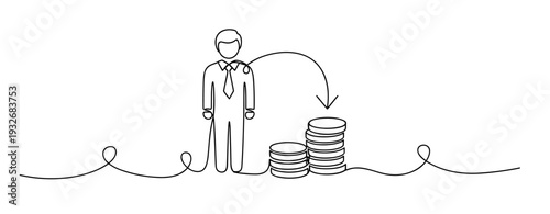 Male businessman cartoon with coins and growth arrow. No editable stroke