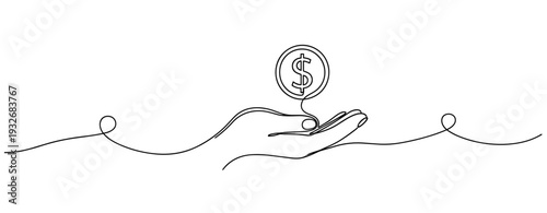 Continuous line drawing of hand holding dollar coin symbolizing financial support. No editable stroke