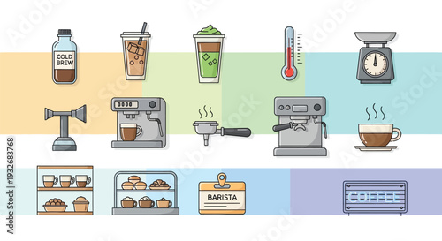 Collection of coffee shop and barista icons including espresso machines, cold brew, iced drinks, bakery items, and tools.