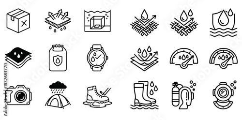 Waterproof, Water Resistant Materials Vector Linear Icons Set 