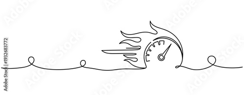 Continuous line drawing of a speeding flaming speedometer. No editable stroke