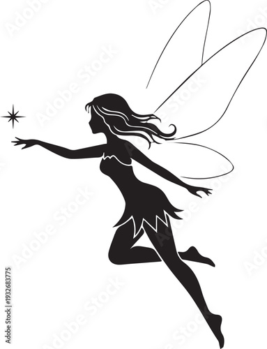 Fairy reaching for star silhouette icon. Black magical flying mythical creature with wings isolated. Fantasy character and fairytale dream design element