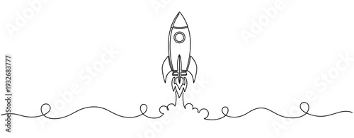 Simple line drawing of a rocket launch with swirling smoke trail. No editable stroke