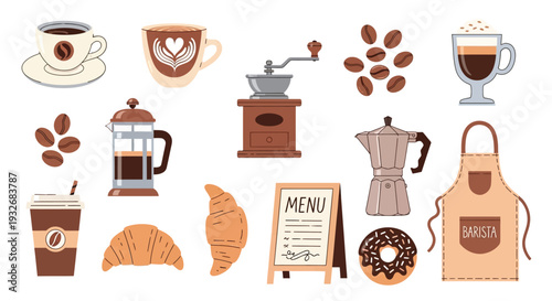A collection of various coffee-related items, cafe equipment, and bakery treats, including cups, beans, brewing tools, pastries, and a menu board.