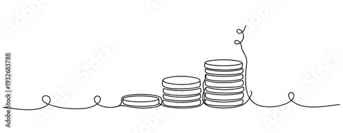 Continuous line drawing of stacked coins representing financial growth. No editable stroke
