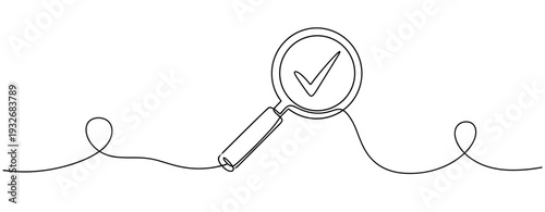 Continuous line drawing of magnifying glass with checkmark symbolizing inspection and approval. No editable stroke
