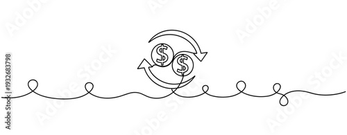 Continuous money flow concept with currency symbols and arrows. No editable stroke