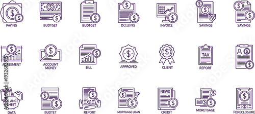 Financial Documents and Banking Line Icons with Purple Accent Isolated on White Background for Accounting, Mortgage, and Business Reports