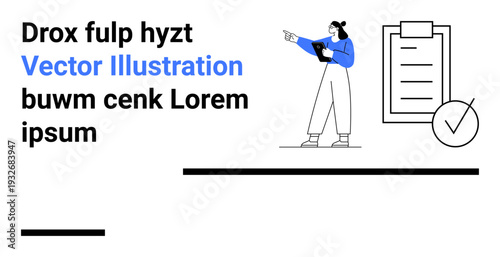 Woman holding a tablet, pointing toward a checklist with a marked task. Ideal for productivity, organization, task management, teamwork, planning, decision-making, simple landing page