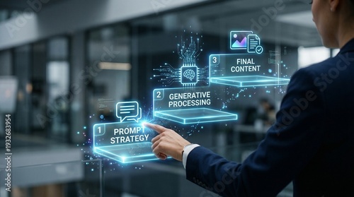 Businessman interacting with futuristic AI interface for content creation