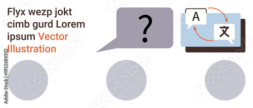 Language translation, multilingual communication, language services, global interaction, text conversion, question resolution. Speech bubbles and translation symbols. Language translation
