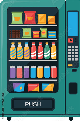 Snack and Beverage Vending Machine with Chips Soda Bottles and Chocolate Bars Vector Illustration Isolated on White Background for Retail Design