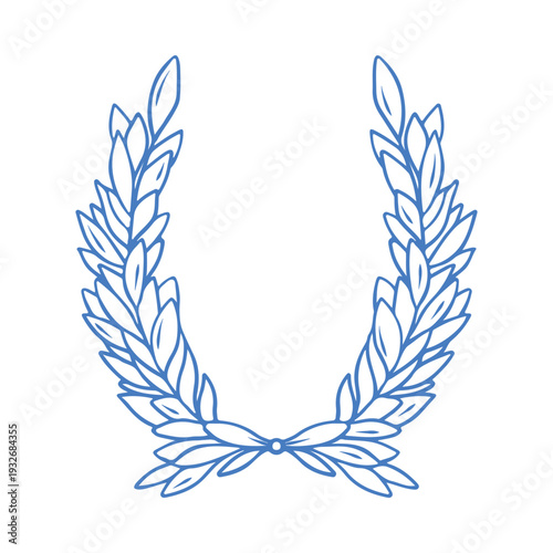 Vintage laurel wreath with hand drawn botanical leaves. Classic blue line art vector flat illustration for elegant family crest, victory emblem, achievement award, luxury branding design