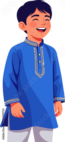 Cheerful young muslim boy in a blue embroidered tunic laughing heartily in a vibrant and expressive flat vector portrait