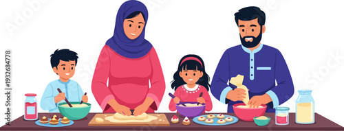 Collaborative family baking scene with parents and children preparing festive pastries together on a table filled with culinary ingredients