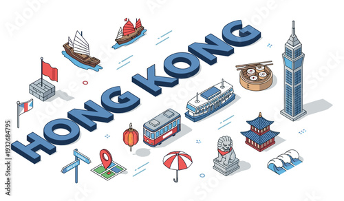 Isometric hong kong landmark icons with cultural and architectural elements