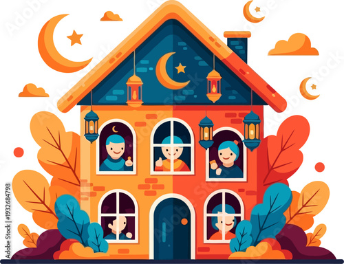 Communal festive building with neighbors peering from windows of a decorated house during an evening celebration under a crescent moon