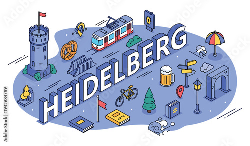 Illustrated heidelberg landmarks with tram, castle, and local symbols