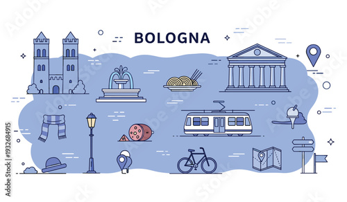 Bologna city icons: historical landmarks, traditional food, and transportation