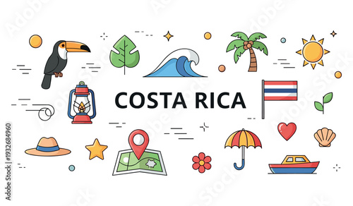 Costa rica travel icons: nature, wildlife, and adventure symbols illustrated