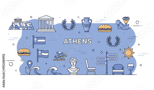Colorful icons representing athens: parthenon, greek flag, ancient artifacts, waves, and symbolic foods
