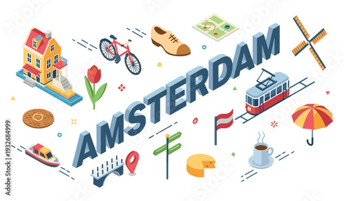 Isometric amsterdam city icons with tulip, tram, and windmill