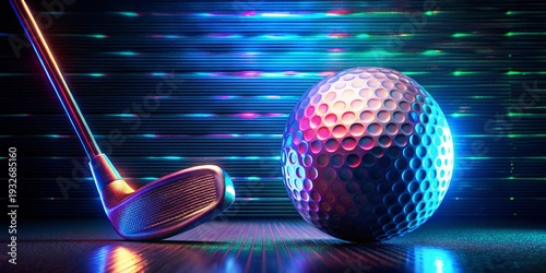A vibrant golf club and ball illuminated by neon lights against a futuristic backdrop