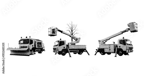 Utility trucks with boom lifts and snowplow attachments in action