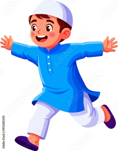 Energetic young muslim boy running happily in traditional blue attire in a dynamic character vector