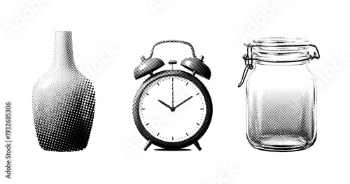 Halftone art: vase, alarm clock, and jar in black and white