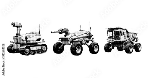 Monochrome robotic vehicles: tank, wheeled robot, off-road truck
