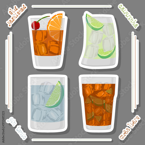 Set bright alcohol cocktails for celebration party