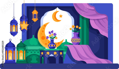 Enchanting interior decor featuring glowing lanterns and floral arrangements under a crescent moon