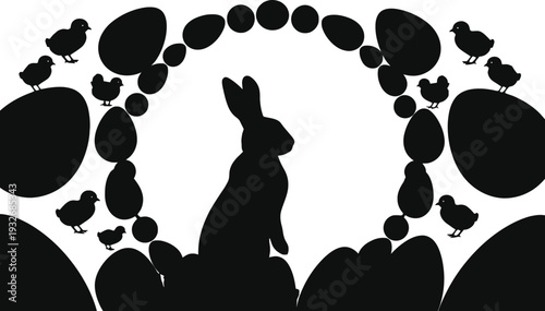 Easter silhouette arch of rabbit and chicks surrounded by eggs in black and white graphic style.