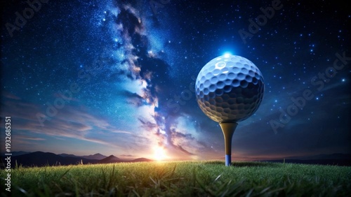 A golf ball rests on a tee, poised against a breathtaking panorama of a star-studded night sky, illuminated by the vibrant hues of a setting sun, casting a magical glow over a tranquil landscape.