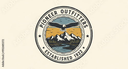 Vintage Pioneer Outfitters Logo Depicting Eagle and Mountain Scenery.