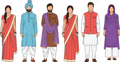 Traditional Indian Clothing Collection for Men and Women, Cultural Ethnic Attire Vector Illustration Isolated on White Background