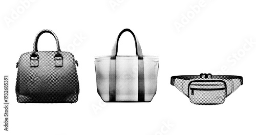 Monochrome collection: stylish handbag, tote, and waist bag display