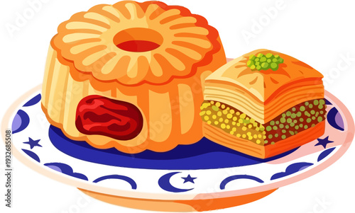 Exquisite platter of traditional middle eastern desserts featuring honey-soaked baklava and stuffed maamoul cookies on a decorative plate