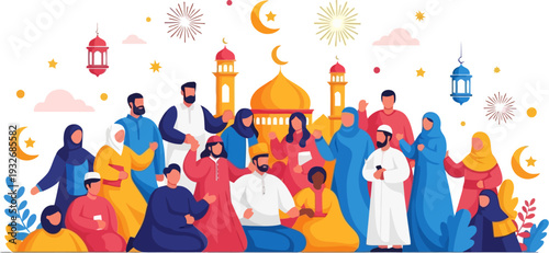 Exuberant unified multicultural community celebrating the festive spirit of eid with fireworks and lanterns before a majestic golden mosque in a modern flat illustration