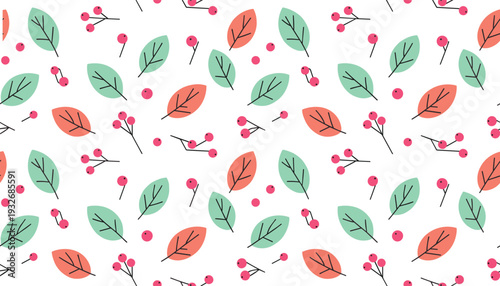 Minimal hand-drawn seamless botanical vector pattern featuring stylized leaves and berries in clean line art composition