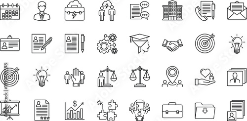 Corporate Business and Professional Services Line Icons Set Isolated on White Background for Management, Recruitment, Legal, and Financial Design