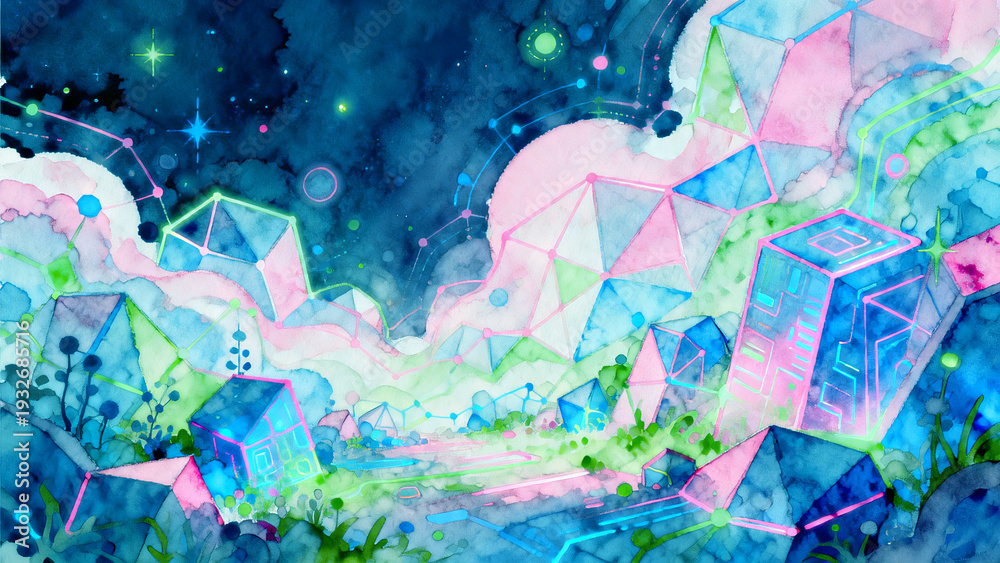 Fototapeta premium Abstract Watercolor Cyber Landscape with Geometric Crystal Structures and Neon Constellations ,Futuristic Polygonal World Illustration - Watercolor Texture with Glowing Tech Lines and Cubes