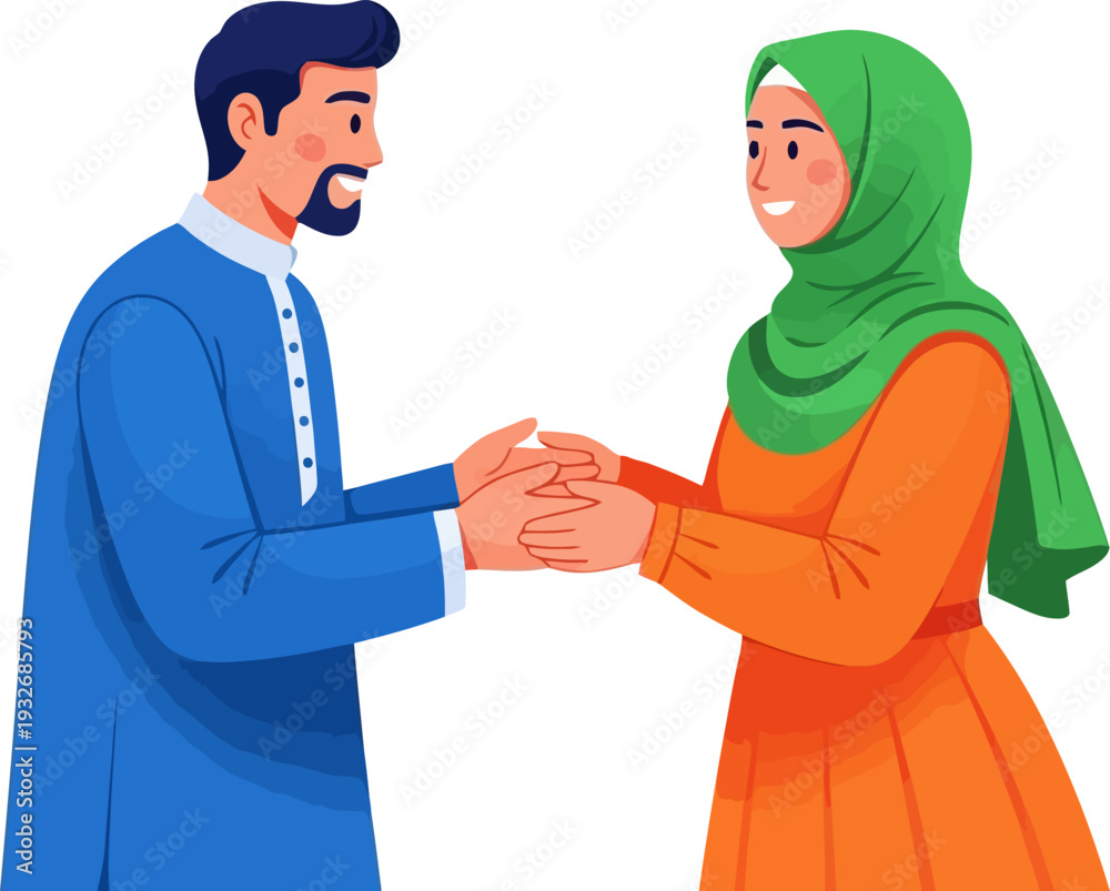 Fototapeta premium Harmonious muslim couple engaging in a gentle and respectful interaction while wearing elegant traditional attire in a clean vector illustration