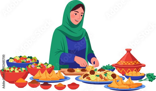 Graceful woman in a green hijab meticulously preparing a variety of traditional festive delicacies